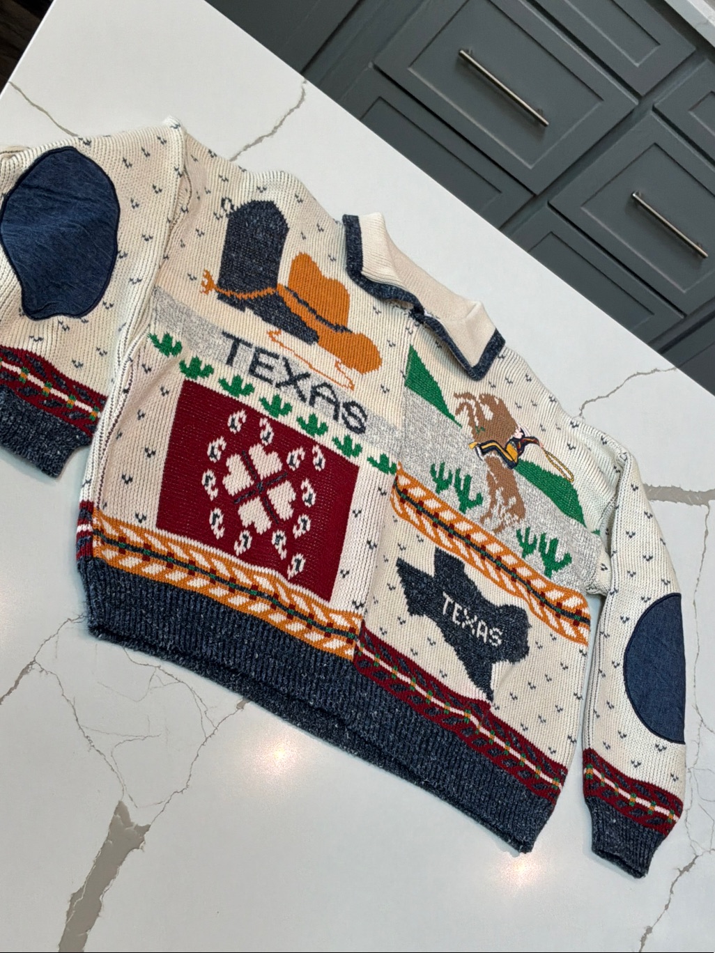 Texas Patchwork Vintage Sweater Loft Mediumusa Knit Cream Navy Cowboy Western